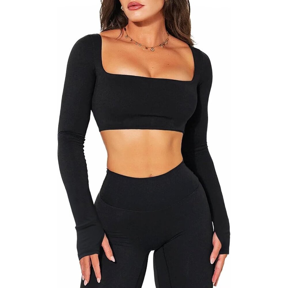 Women's Padded Long Sleeve Crop Top Workout Yoga Gym Athletic Compression